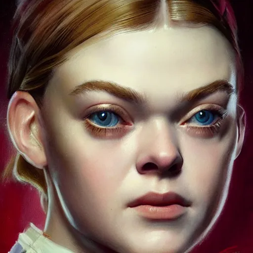 Prompt: ultra realistic head and shoulders portrait painting of elle fanning in dishonored, art by frank frazetta, 4 k, ultra realistic, highly detailed, epic lighting