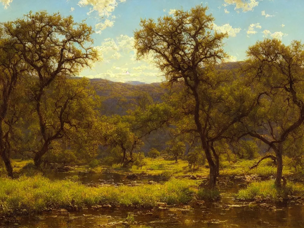 Image similar to a beautiful texas wilderness landscape, springtime morning, by julian onderdonk, oil on canvas, luminism, hyperrealism