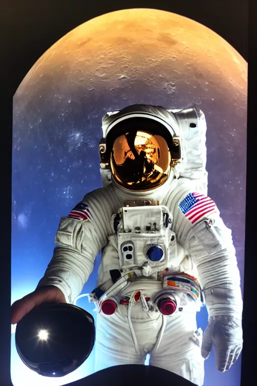 Image similar to extremely detailed studio portrait of space astronaut, holds an iphone in one hand, iphone held up to visor, reflection of iphone in visor, moon, extreme close shot, soft light, golden glow, award winning photo by nasa