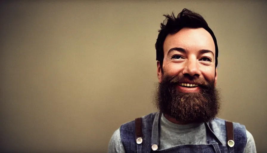 Image similar to far view, extremely skinny malnourished jimmy fallon with long beard, wearing dirty overalls, dirty greasy face, grin, portrait, close up, kodak gold 2 0 0, 5 0 mm,