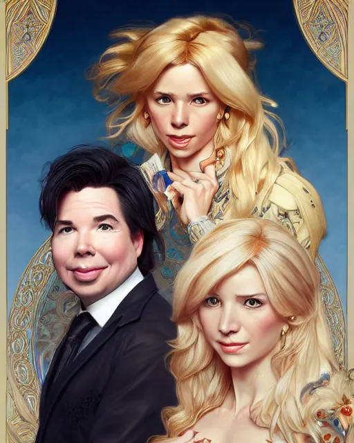 Prompt: Portrait of a  blonde lady and Michael mcintyre with Dogtanian, intricate, elegant, highly detailed, artstation, concept art, smooth, sharp focus, art by artgerm and greg rutkowski and alphonse mucha