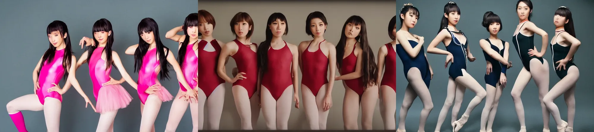 Image similar to unbelievably beautiful, perfect, dynamic, epic, cinematic 8 k hd movie shot, three beautiful cute young j - pop av idols actresses in japanese girl band, posing together in leotards. hollywood style, at behance, at netflix, with instagram filters, photoshop, adobe lightroom, adobe after effects, taken with polaroid kodak portra