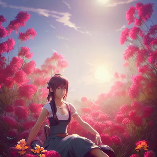 Prompt: aerith and yuffie from final fantasy 7 remake by tom bagshaw, sitting in a flower field by ilya kuvshinov, rtx reflections, maya, extreme high intricate hyperrealistic details by wlop, digital art by ross tran, medium shot, composition by sana takeda, dramatic lighting by greg rutkowski