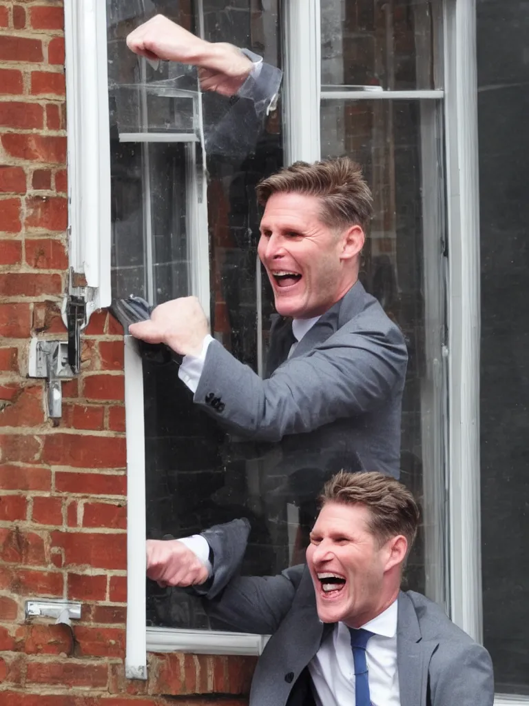 Prompt: Sir Kier Starmer laughing as he punches a window