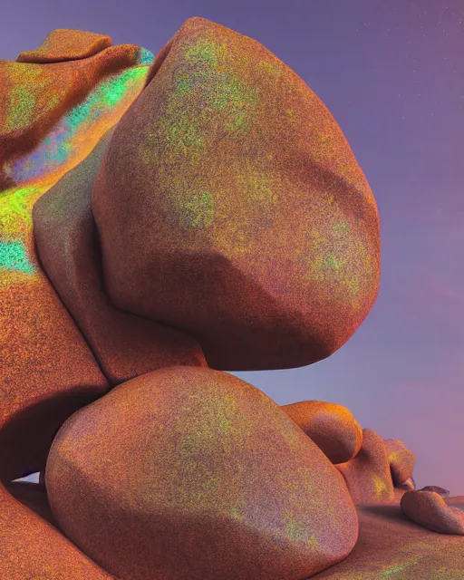 Image similar to psychedelic visions of huge rocks hallucinating on mescaline, futuristic iridescent metal constructions, no text, rendered with octane, hyper realistic, hyper detailed, surreal, futuristic, 8k