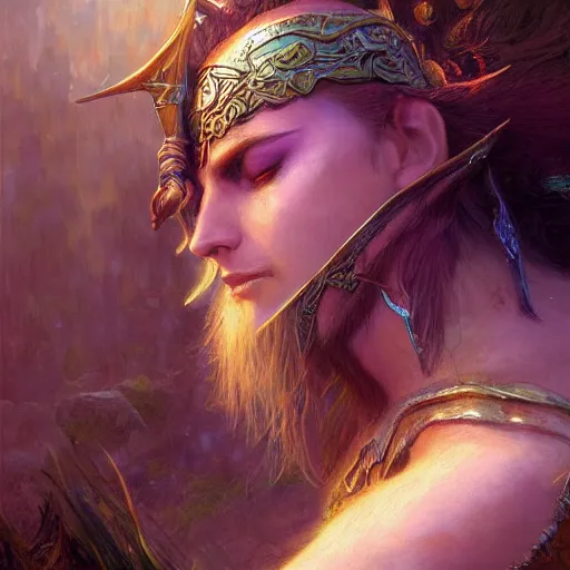 Image similar to ! dream night elf warden world of warcraft fantasy character portrait, close up, wide angle, ultra realistic, intricate details, the river girl weeps with sorrow and profound loss, highly detailed, abstract art piece by gaston bussiere, craig mullins, j. c. leyendecker