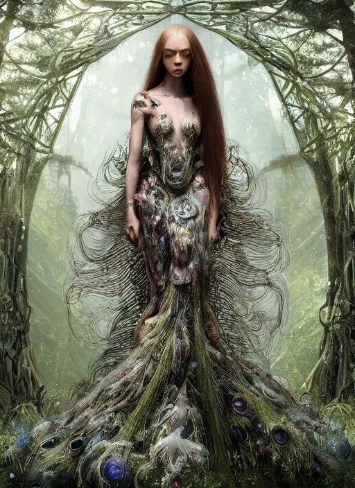 Prompt: a beautiful hyperrealistic ultradetailed 3D, one girl, long hair, in a magnificent McQueen couture clothes on the background of a futuristic forest, Designer clothes, futuristic clothes, clothes from the future, biopunk, voge photo, fashion style, fullbody, in full growth, intricate, elegant, highly detailed, artstation, concept art, smooth, sharp focus, illustration, art by greg rutkowski and orientalism and bouguereau and Zdzislaw Beksinski, good clear quality, lighting, biology