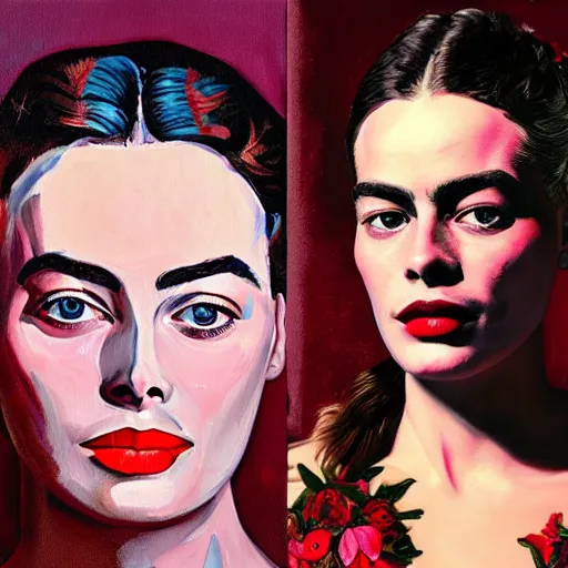 Image similar to detailed oil painting of margot robbie in detail with flowers by james jean, by andy warhol, by frida kahlo