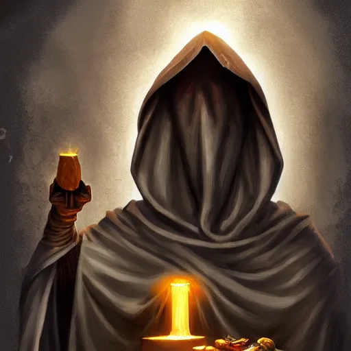 Image similar to a hooded cultist is stabbing a banana placed on an altar, in front of a stone statue of a forgotten god, by patrick mcenvoy and michael komarck and fantasy flight, incredible quality, trending on artstation