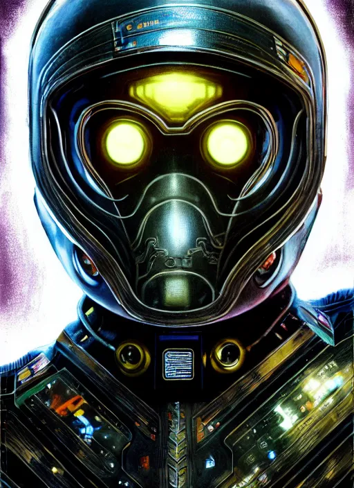 Prompt: young black man in cyber suit, character portrait, cinematic, close up, concept art, intricate details, highly detailed, vintage sci - fi poster, retro future, vintage sci - fi art, in the style of chris foss, rodger dean, moebius, michael whelan, hearthstone, katsuhiro otomo, and gustave dore