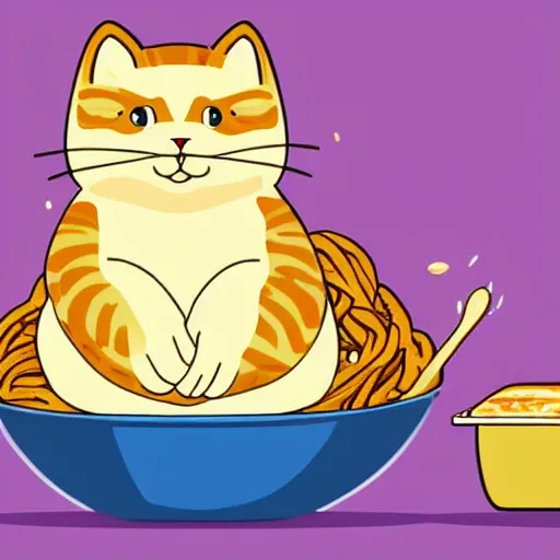 Image similar to obese cat sitting next to a slice of toast with indomie mi goreng noodles on top, traditional artstyle