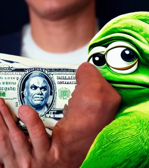 Image similar to pepe holding money, realistic, frame from the movie, hyper detailed, dramatic light