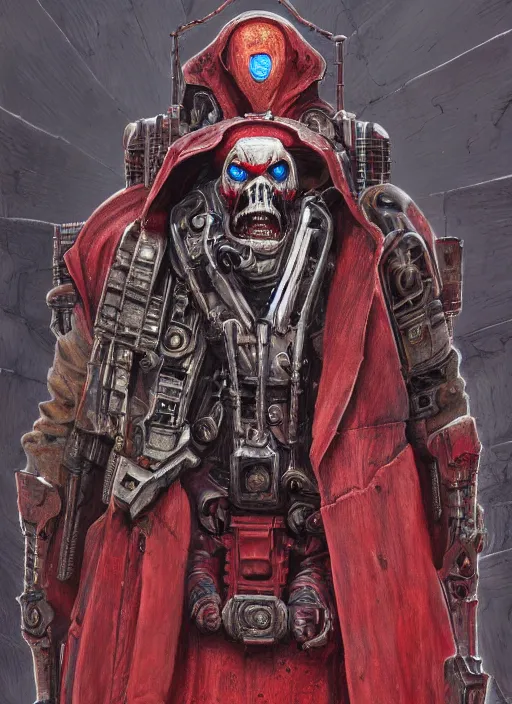 Image similar to portrait of rotten Nicolas Cage as adeptus mechanicus in red hood and robe from Warhammer 40000. Highly detailed, artstation, illustration by and John Blanche and zdislav beksinski and wayne barlowe