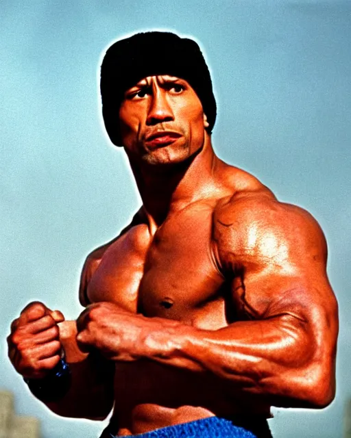 Image similar to Film still close-up shot of Dwayne Johnson as Rocky Balboa from the movie Rocky. Photographic, photography