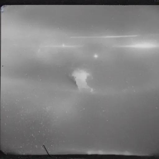 Prompt: a very bright flash in the sky, a large explosion in the distance, taken on a ww 2 camera, very high bloom ammount, realistic, the photograph is very dirty.