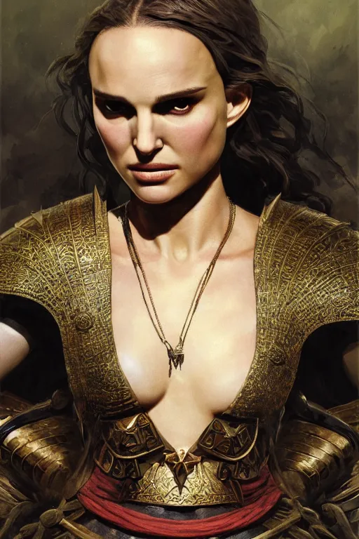 Image similar to natalie portman, legendary warrior, heroic, lord of the rings, tattoos, decorative ornaments, battle armor, by carl spitzweg, ismail inceoglu, vdragan bibin, hans thoma, greg rutkowski, alexandros pyromallis, perfect face, fine details, realistic shading photorealism