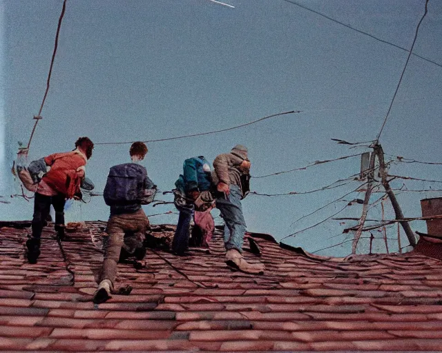 Image similar to lomo photo of basejumpers climbing on roof of soviet hrushevka, small town, cinestill, bokeh, out of focus