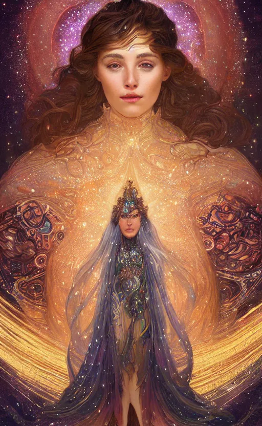 Image similar to portrait of a cosmic goddess, suit made out of stars and galaxies and cosmic energy, intricate, headshot, highly detailed, digital painting, artstation, concept art, sharp focus, cinematic lighting, illustration, art by artgerm and greg rutkowski, alphonse mucha, cgsociety