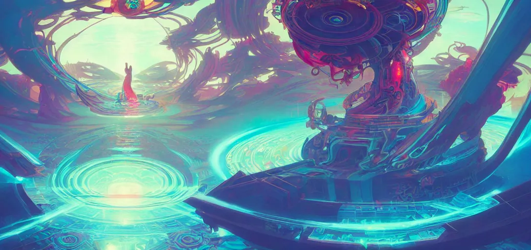 Image similar to a floating temple, channeling swirling energy, wearing netrunner clothing, vaporwave aesthetic, colorful, psychedelic, digital painting, artstation, concept art, smooth, sharp focus, illustration, art by artgerm and greg rutkowski and alphonse mucha