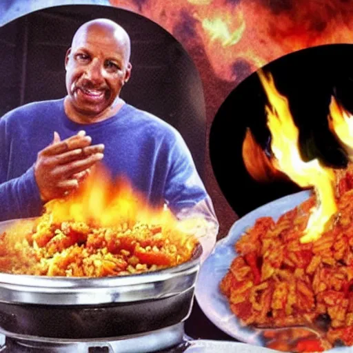 Image similar to captain sisko cooking jambalaya while the space station ds 9 explodes