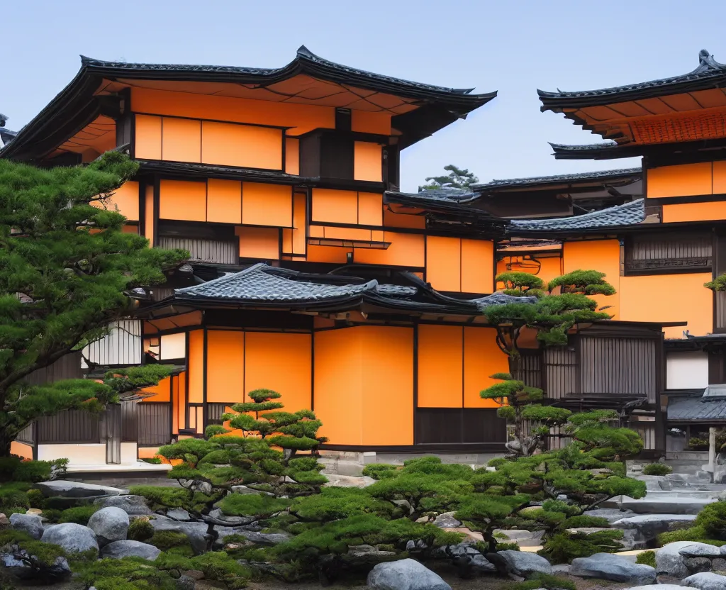 Image similar to real estate photo of the exterior of a futuristic japanese house with traditional japanese garden, dramatic lighting, smoke, ceiling fluorescent lighting, black and orange colour palette, wide shot, twinmotion render