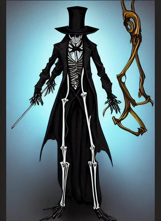 Image similar to DND character concept, Tall skeletal figure, wearing a deep black suit!!! and tie and top hat, holding a golden cane. Surrounded by light blue!!! flames!!