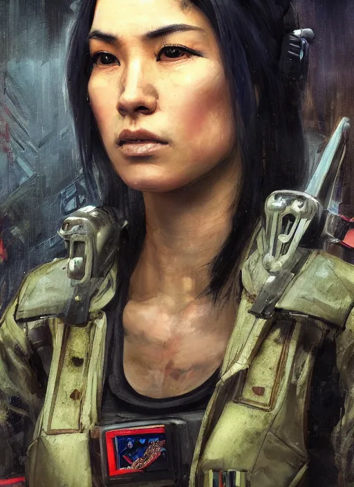 Image similar to Nikki tanaka. beautiful cyberpunk female USN marine wearing a military vest and punk clothing. (Cyberpunk 2077, bladerunner 2049). gorgeous face. Iranian orientalist portrait by john william waterhouse and Edwin Longsden Long and Theodore Ralli and Nasreddine Dinet, oil on canvas. Cinematic, hyper realism, realistic proportions, dramatic lighting, high detail 4k