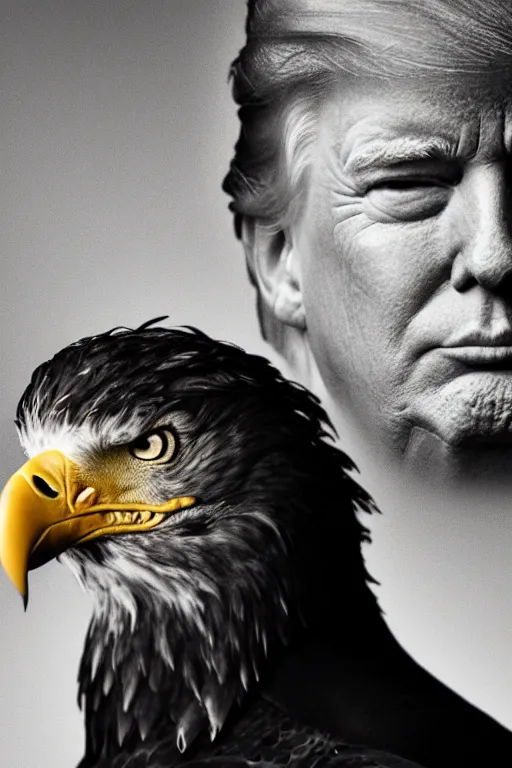 Prompt: Close-up portrait of Donald Trump with an American bald eagle on his head, octane, dramatic lighting, editorial photo, 35mm, very detailed