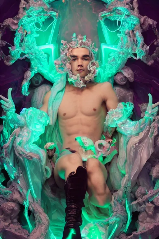 Image similar to photo of fullbody rococo and cyberpunk delicate neon crystalline sculpture of seductive muscular onyx albino marble prince liam payne as an mint iridescent humanoid deity wearing pink plastic hooded cloak holding an onyx skull in a onyx space dungeon, reclining, glowing yellow face, crown of white diamonds, cinematic lighting, photorealistic, octane render 8 k depth of field 3 d