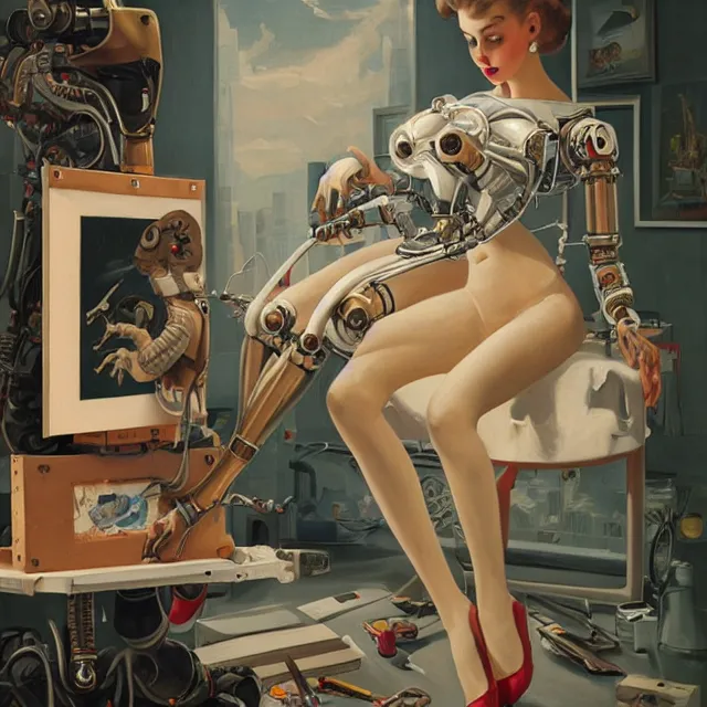 Image similar to robot artist painting a self - portrait on a canvas. intricate, highly detailed, digital matte painting in the style of gil elvgren and in the style of h. r. giger and in the style of sachin teng. irony, recursion, inspiration.
