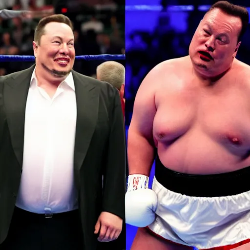 Image similar to obese elon musk fighting obese steven seagal in a boxing match, wet