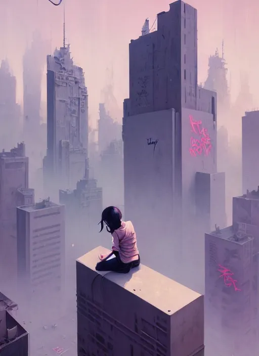 Image similar to highly detailed matte painting, of a 3 d calligraphy graffiti tag light eroding grey walls highrise buildings, by atey ghailan, by greg rutkowski, by greg tocchini, by james gilleard, by joe fenton, by kaethe butcher, pink, brown, light blue and white mystical color scheme, grunge aesthetic, octane render