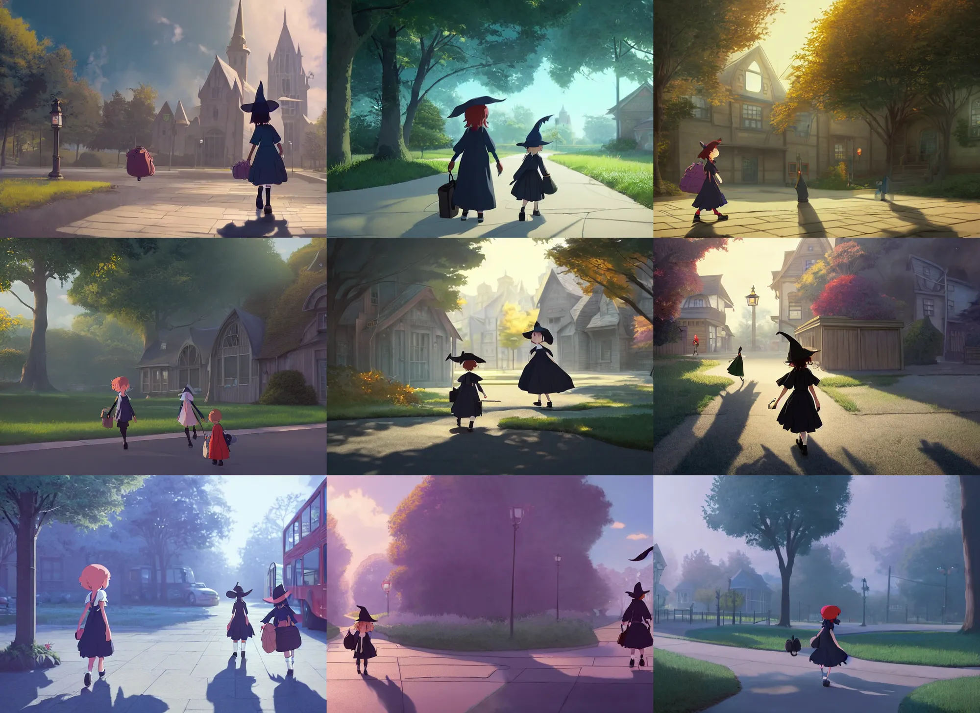 Prompt: a little witch getting off the bus in front of her gigantic school and heading towards her witch school, very busy place, medium shot, studio ghibli, pixar and disney animation, sharp, rendered in unreal engine 5, anime key art by greg rutkowski, bloom, dramatic lighting