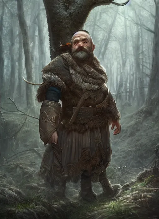 Image similar to Beautiful art portrait of a male dwarf cleric in a dark forest with dead trees, morning, atmospheric lighting, intricate detail, cgsociety, hyperrealistic, octane render, RPG portrait, ambient light, dynamic lighting