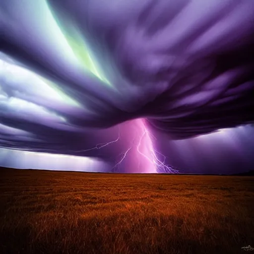 Image similar to amazing photo of a purple tornado in the sky by marc adamus, beautiful dramatic lighting