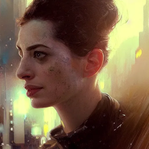 Image similar to anna hathaway, hyperrealistic portrait, bladerunner street, art of elysium by jeremy mann and alphonse mucha, fantasy art, photo realistic, dynamic lighting, artstation, poster, volumetric lighting, very detailed face, 4 k, award winning, trending in artstation, cinematic lighting, studio quality