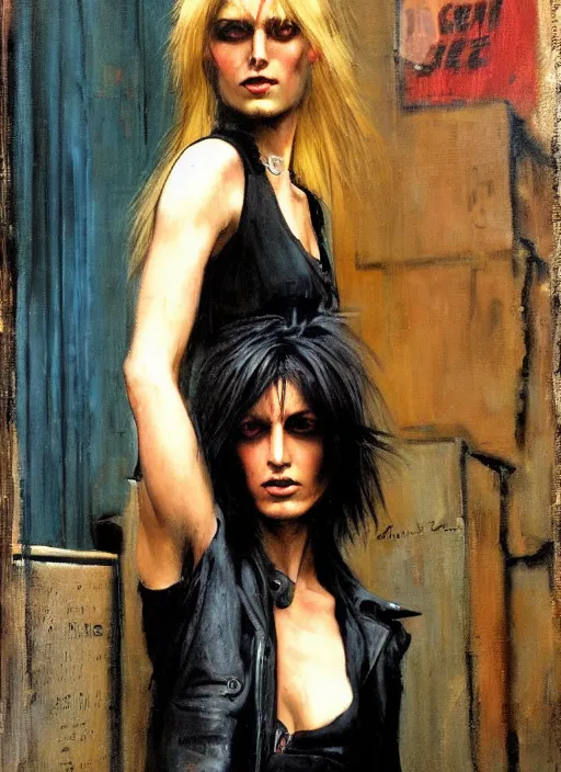 Image similar to androgynous glam rocker outside cbgb in the style of phil hale, sfumato Orientalist portrait by john william waterhouse, moebius oil on canvas. Cinematic, hyper realism, realistic proportions, dramatic lighting, high detail 4k