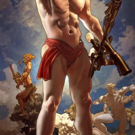 Prompt: a full body portrait of colonel sanders the greek god!! in hell!!! fighting rednecks!!! extremely beautiful, anatomically accurate, by artgerm and by greg rutkowski and by alphonse mucha and by simon bisley, radiant light, detailed and intricate environment,