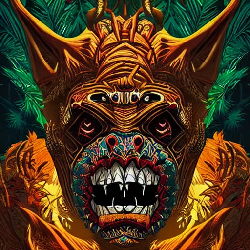 Image similar to barong family member, wiwek, mara demon, one single tribe member, jungle, one single mask, dark, ancient warrior, gorilla, lizard, tribal, inner glow, art by dan mumford and justin gerard