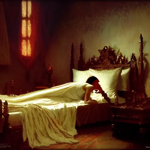 Prompt: the pope is in his bed, terrified, because a double horned shadow demon is in the wallpaper of the bedroom. highly detailed painting by gaston bussiere, greg rutkowski, craig mullins 8 k