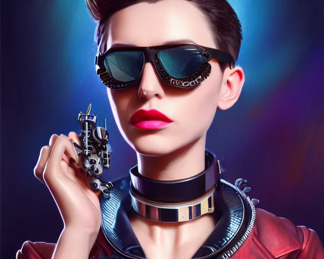 Prompt: a streampunk female robot wearing sunglasses and a leather jacket, photography of kurzgesagt, deep focus, d & d, fantasy, intricate, elegant, highly detailed, digital painting, artstation, concept art, matte, sharp focus, illustration, hearthstone, art by artgerm and greg rutkowski and alphonse mucha