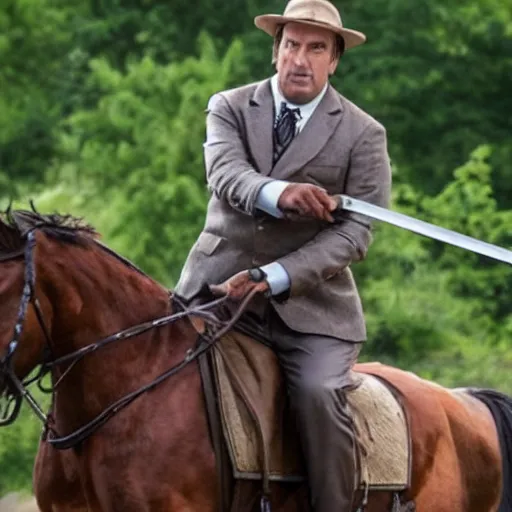 Image similar to saul goodman riding a horse while holding a sword, tv still