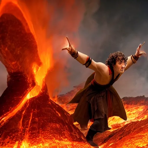 Prompt: frodo baggins wrestles with golumn inside a fiery volcano on the netflix series arcana, very very detailed