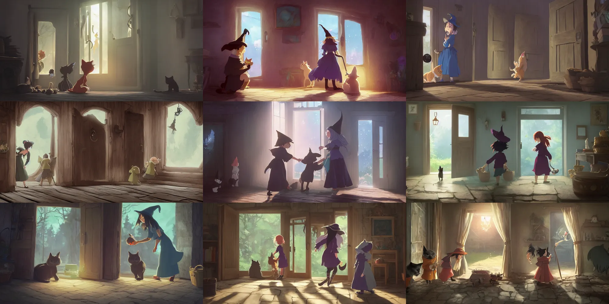 Prompt: a wholesome animation key shot of a witch opening the door to her cabin from inside to let her cats run out and play, medium shot, waist up, studio Ghibli, Pixar and Disney animation, sharp, Rendered in Unreal Engine 5, anime key art by Greg Rutkowski, Bloom, dramatic lighting