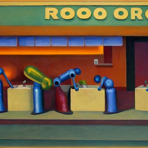 Image similar to robots queue up to eat ice cream, grant wood, pj crook, edward hopper, oil on canvas
