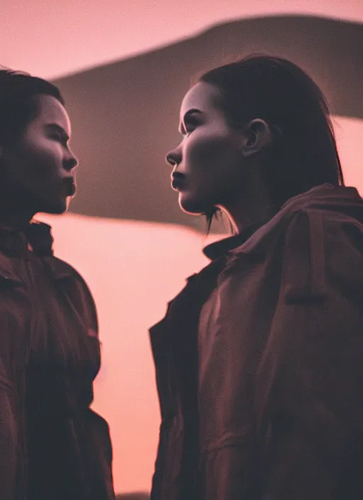 Image similar to cinestill 5 0 d photographic portrait of two loving female androids wearing rugged black techwear on a desolate plain with a red sky, extreme closeup, cyberpunk style, in front of a brutalist dark metal facility, dust storm, 8 k, hd, high resolution, 3 5 mm, f / 3 2, ultra realistic faces, ex machina