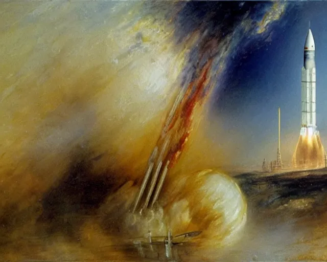 Image similar to an oil painting a saturn v rocket taking off, turner