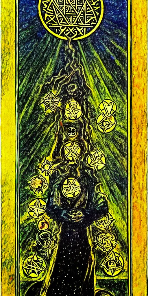 Prompt: a painting of nine of pentacles tarot card by austin osman spare