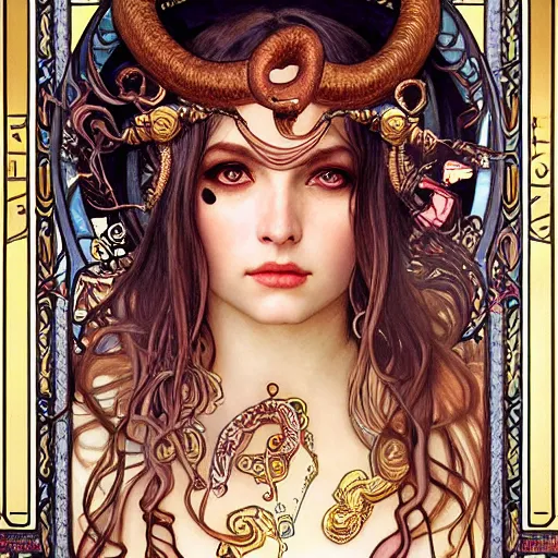 Prompt: realistic detailed face portrait of Cleopatra with coiled serpents in her hair by Alphonse Mucha, Ayami Kojima, Amano, Charlie Bowater, Karol Bak, Greg Hildebrandt, Jean Delville, and Mark Brooks, Art Nouveau, Neo-Gothic, gothic, rich deep moody colors