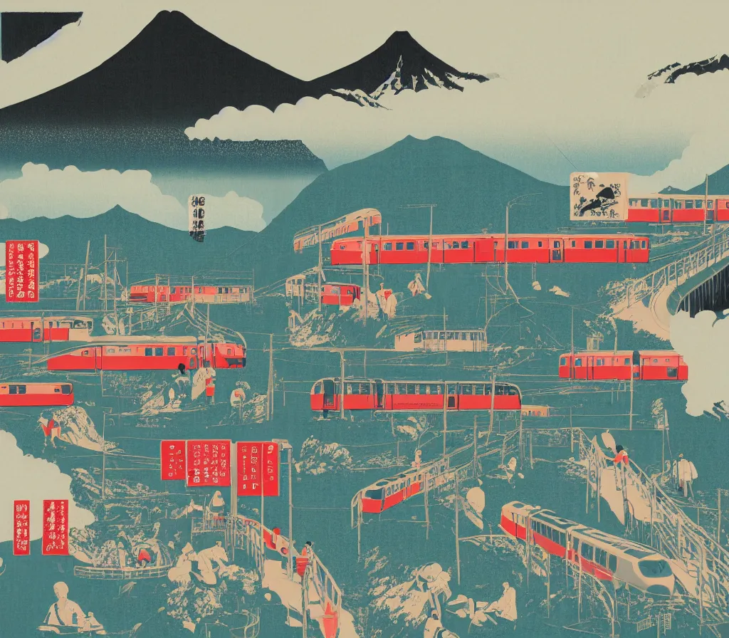 Image similar to seaside landscape train rural japan, a collage painting, in the style of wes anderson, lola dupre, david hockney, isolated on negative white space background dark monochrome fluorescent neon spraypaint accents volumetric octane render